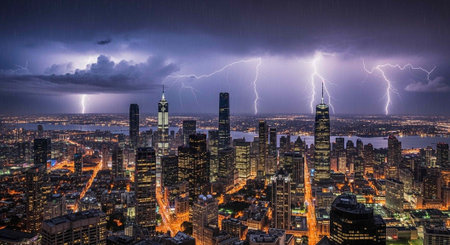 A dramatic cityscape at night with lightning illuminating the dark sky above skyscrapers and streets