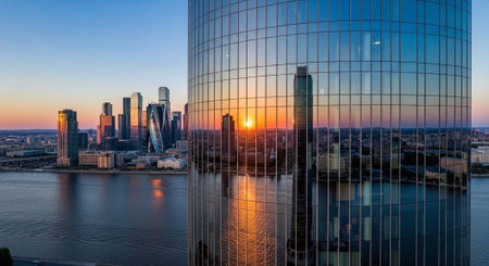 A serene cityscape at sunset with a modern glass building reflecting the vibrant sky