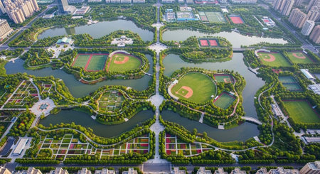 An aerial view of a large urban park with lakes, baseball fields, and green spaces