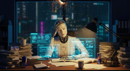 A futuristic scene of a robot working late at night with virtual screens and data visualizations