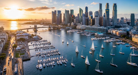 Aerial view of a bustling harbor with sailboats and skyscrapers at sunsetの写真素材