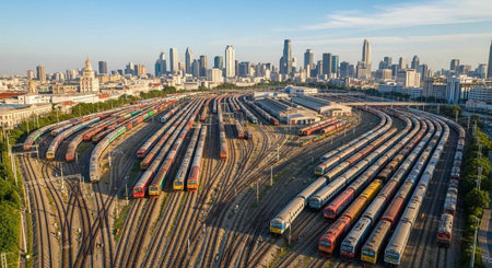 Aerial view of a bustling train yard with multiple tracks and trains in a cityscape