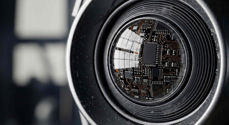 A close-up view of a camera lens with a circuit board inside
