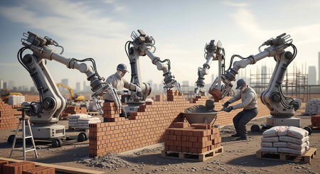 Robotic arms assist construction workers on a modern building site with a cityscape in the...