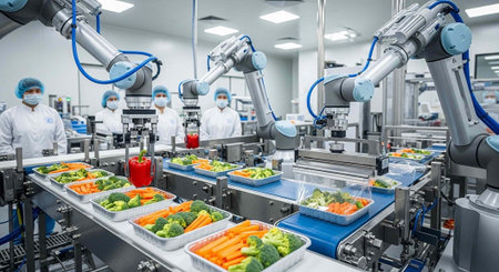Robotic arms and workers in white suits processing vegetables on a conveyor belt in a clean factory