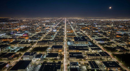 Aerial view of a city at night with a dark sky and moon in the distance