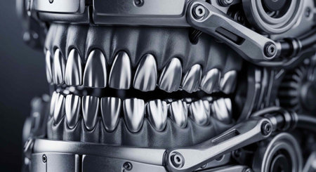 A close-up view of a robotic mouth with metallic teeth and mechanical components