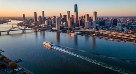 Aerial view of a bustling city skyline at sunset with a boat sailing on the river