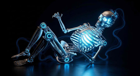 A futuristic robot skeleton lies on the ground with glowing blue circuits and wires exposed