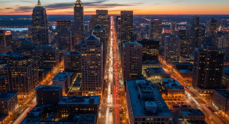 Aerial view of a bustling city at sunset with illuminated skyscrapers and busy streets