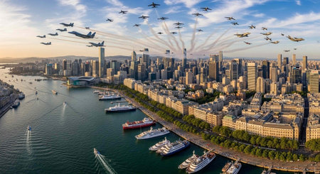 Aerial view of a city skyline with a river and boats during a military flyover event