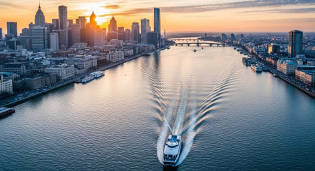 Aerial view of a boat speeding down a river towards a city skyline at sunset