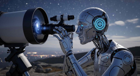 A futuristic robot gazes through a telescope at a starry night sky with a cityscape in the distance.