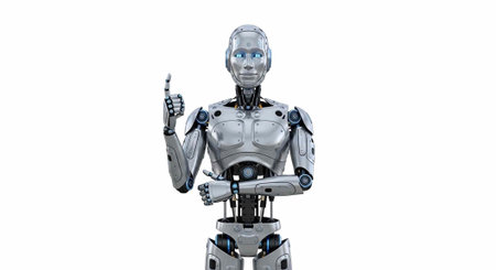 A futuristic robot standing with one hand raised in a gesture of caution or warning