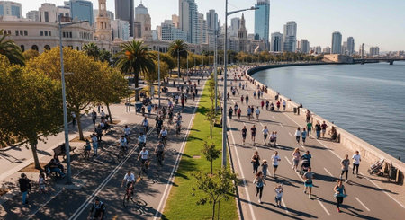 A bustling waterfront promenade with people walking and cycling in a vibrant urban environment