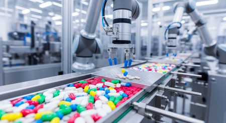 A robotic arm sorts colorful pills on a conveyor belt in a modern factory setting