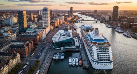 Aerial view of a bustling city with a cruise ship docked at the harbor during sunset
