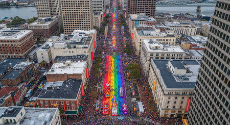 A vibrant pride parade marches through a bustling city street with a large rainbow crowd