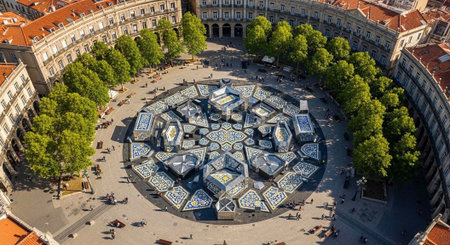 Aerial view of a vibrant city square with a unique circular design and green treesの写真素材