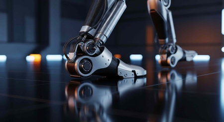A robotic leg with a shiny metallic surface stands on a reflective floor in a dark roomの写真素材
