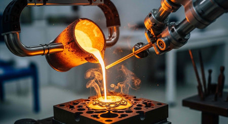 A robotic arm pours molten metal into a mold in a factory setting with steam rising