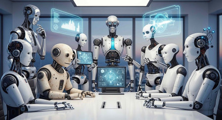 A group of robots sitting around a conference table with laptops and screens