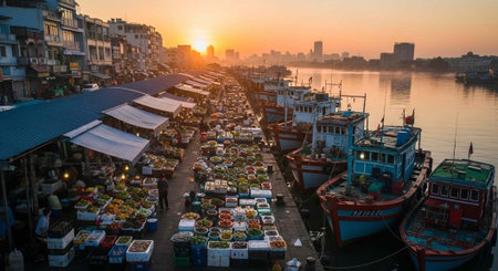 A bustling market by the water at sunset with boats and vibrant stalls