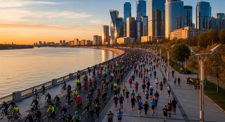 A large crowd of people participating in a marathon along a waterfront path at sunset