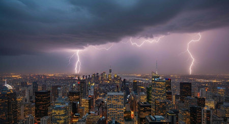 A dramatic cityscape at night with lightning illuminating the dark sky above skyscrapersの写真素材