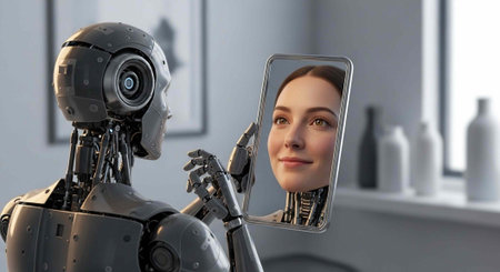 A robot holding a mirror with a woman's face reflected in it, in a modern room