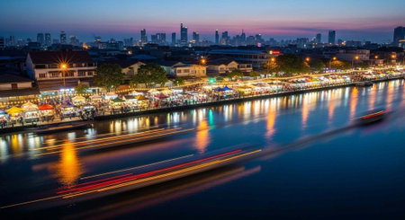 A bustling cityscape at dusk with a river and vibrant lights reflecting off the waterの写真素材