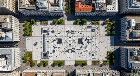 An aerial view of a large urban plaza surrounded by city buildings and treesの写真素材