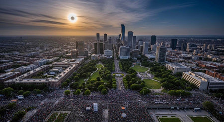 A large crowd of people gather in a city park to watch a solar eclipse at sunset