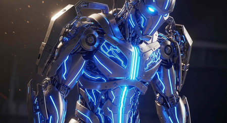 A futuristic robot with blue neon lights stands in a dark room with a metallic body