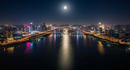 A nighttime cityscape with a bridge over a river under a full moonの写真素材