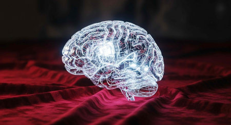 A glowing transparent brain model sits on a red velvet surface in a dark room