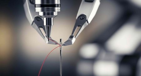 A robotic arm precisely handles a thin red wire in a factory setting with blurred background