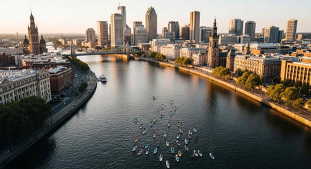 Aerial view of a bustling city with a river and boats in the foreground at sunset