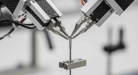 A close-up view of robotic arms handling a small metal object in a laboratory setting