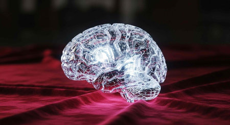 A glowing crystal brain sculpture sits on a dark red velvet surface in a dimly lit room