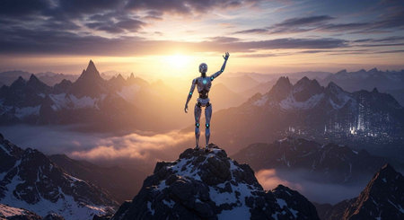A futuristic robot stands triumphantly on a mountain peak at sunset with a breathtaking viewの写真素材