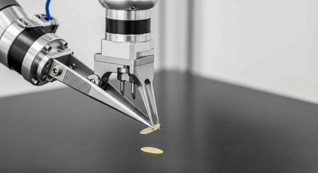 A robotic arm precisely handles small objects in a clean laboratory environment with accuracy.の写真素材