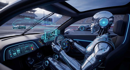 A futuristic robot driver sits in a sleek, high-tech car on a racing track with digital displays