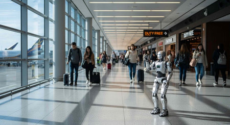 A futuristic robot stands in a bustling airport terminal with travelers and large windows