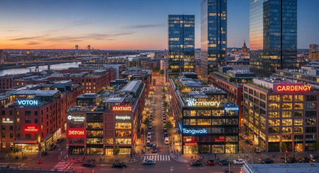 A vibrant cityscape at dusk with illuminated skyscrapers and bustling streets
