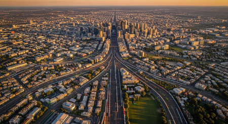 Aerial view of a bustling city with a complex highway system at sunset