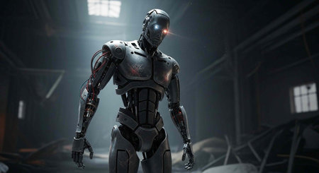 A futuristic robot stands in a dark and abandoned industrial setting with glowing eyes
