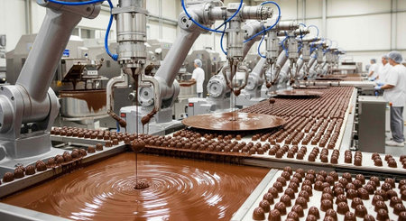 A chocolate factory production line with robotic arms and workers in a clean room environmentの写真素材