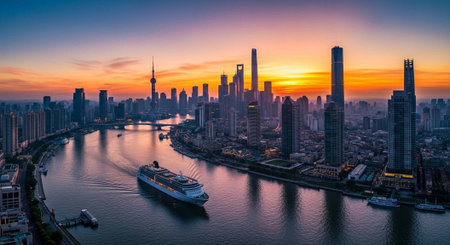 A serene cityscape at sunset with a cruise ship sailing through a river