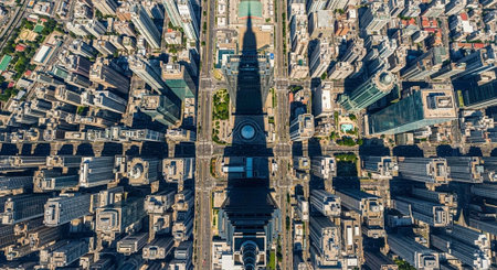 Aerial view of a bustling city with a prominent cathedral in the center surrounded by buildingsの写真素材
